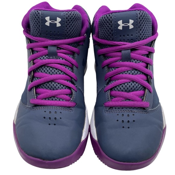 Under Armour Girls Shoes Jet Mid Sneakers Sz Big Girl 4 Gray Purple Leather Play - Picture 4 of 11